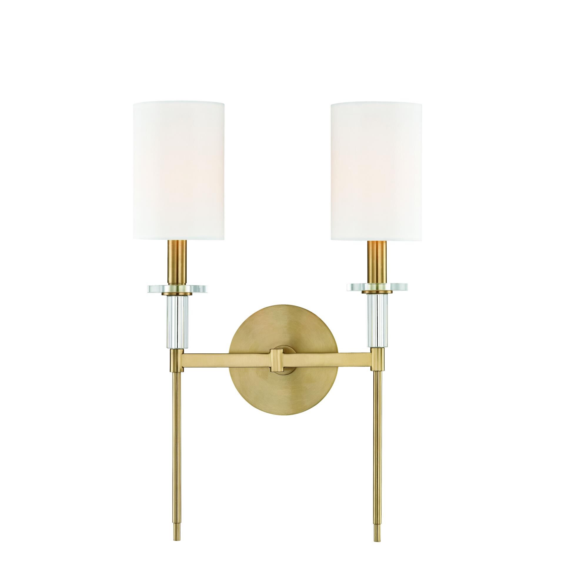 Shown in Aged Brass finish and White Faux Silk shade and Crystal Bobeche accent